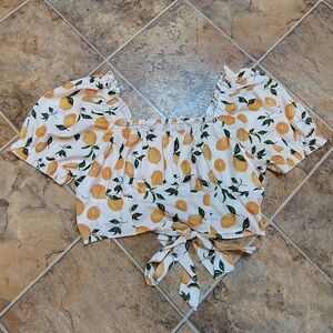Shein Curve Shirt Womens 3XL White Orange Lemon Print Puff Sleeve Crop Tie Top